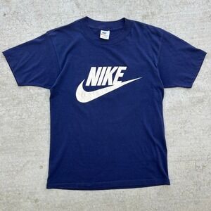 Vintage 70s Nike T Shirt Navy Blue Swoosh Spellout Orange Tag Made in USA Single